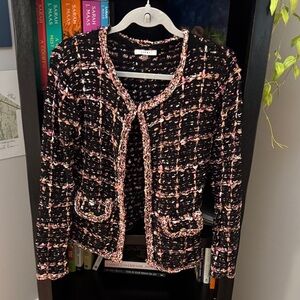 Sioni Black Tweed Cardigan with Pink Accents and Braided Trim